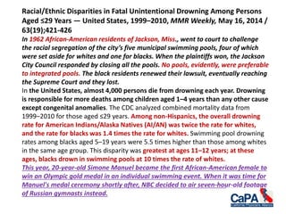 Racial/Ethnic Disparities in Fatal Unintentional Drowning Among Persons
Aged ≤29 Years — United States, 1999–2010, MMR Weekly, May 16, 2014 /
63(19);421-426
In 1962 African-American residents of Jackson, Miss., went to court to challenge
the racial segregation of the city’s five municipal swimming pools, four of which
were set aside for whites and one for blacks. When the plaintiffs won, the Jackson
City Council responded by closing all the pools. No pools, evidently, were preferable
to integrated pools. The black residents renewed their lawsuit, eventually reaching
the Supreme Court and they lost.
In the United States, almost 4,000 persons die from drowning each year. Drowning
is responsible for more deaths among children aged 1–4 years than any other cause
except congenital anomalies. The CDC analyzed combined mortality data from
1999–2010 for those aged ≤29 years. Among non-Hispanics, the overall drowning
rate for American Indians/Alaska Natives (AI/AN) was twice the rate for whites,
and the rate for blacks was 1.4 times the rate for whites. Swimming pool drowning
rates among blacks aged 5–19 years were 5.5 times higher than those among whites
in the same age group. This disparity was greatest at ages 11–12 years; at these
ages, blacks drown in swimming pools at 10 times the rate of whites.
This year, 20-year-old Simone Manuel became the first African-American female to
win an Olympic gold medal in an individual swimming event. When it was time for
Manuel's medal ceremony shortly after, NBC decided to air seven-hour-old footage
of Russian gymnasts instead.
 