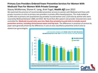 Primary Care Providers Ordered Fewer Preventive Services For Women With
Medicaid Than For Women With Private Coverage
Stacey McMorrow, Sharon K. Long, Ariel Fogel, Health Aff June 2015
We examined the provision of recommended preventive services to women with Medicaid and those with
private insurance at visits to primary care providers in private office-based practices. The study looked at
12,444 visits to primary care practitioners by privately insured women and 1,519 visits by women who were
covered by Medicaid between 2006 and 2010. We found that after patient and provider characteristics were
controlled for, Medicaid-insured visits were less likely than privately insured visits to include several
preventive services, including clinical breast exams and Pap tests. The differences in provision of services by
payer were generally driven by the differences in care at visits classified as preventive and at visits to
obstetrician-gynecologists.
 