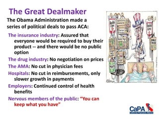 The Great Dealmaker
The Obama Administration made a
series of political deals to pass ACA:
The insurance industry: Assured that
everyone would be required to buy their
product -- and there would be no public
option
The drug industry: No negotiation on prices
The AMA: No cut in physician fees
Hospitals: No cut in reimbursements, only
slower growth in payments
Employers: Continued control of health
benefits
Nervous members of the public: “You can
keep what you have”
 