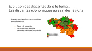 Evolution des disparités dans le temps:
Les disparités économiques au sein des régions
Augmentation des disparités économiques
au sein des régions
o Clusters de production
o Pas incompatible avec une
convergence du revenu disponible
 