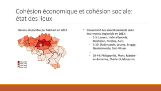 Cohésion économique et cohésion sociale:
état des lieux
Revenu disponible par habitant en 2012 • Classement des arrondissements selon
leur revenu disponible en 2012:
• 1-5: Leuven, Halle-Vilvoorde,
Mechelen, Nivelles, Aalst
• 5-10: Oudenaarde, Veurne, Brugge,
Dendermonde, Sint-Niklaas
…
• 39-44: Philippeville, Mons, Marche-
en-Famenne, Charleroi, Mouscron
 