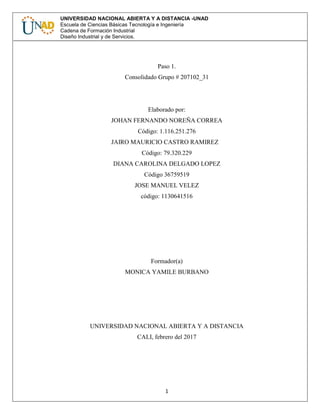 1
UNIVERSIDAD NACIONAL ABIERTA Y A DISTANCIA -UNAD
Escuela de Ciencias Básicas Tecnología e Ingeniería
Cadena de Formación Industrial
Diseño Industrial y de Servicios.
Paso 1.
Consolidado Grupo # 207102_31
Elaborado por:
JOHAN FERNANDO NOREÑA CORREA
Código: 1.116.251.276
JAIRO MAURICIO CASTRO RAMIREZ
Código: 79.320.229
DIANA CAROLINA DELGADO LOPEZ
Código 36759519
JOSE MANUEL VELEZ
código: 1130641516
Formador(a)
MONICA YAMILE BURBANO
UNIVERSIDAD NACIONAL ABIERTA Y A DISTANCIA
CALI, febrero del 2017
 