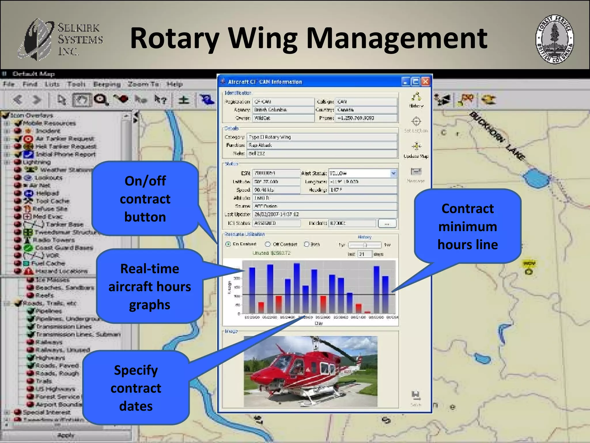 Rotary Wing Management On/off contract button Real-time aircraft hours graphs Specify contract dates Contract minimum hours line 