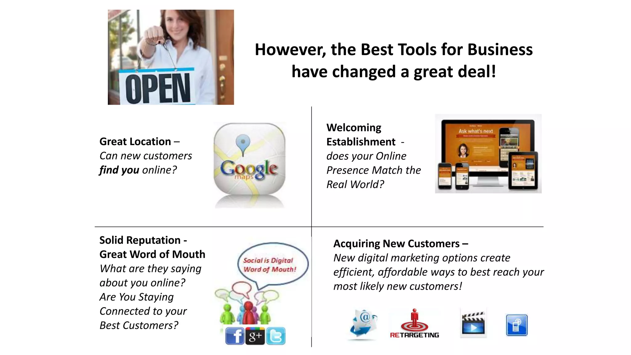However, the Best Tools for Business 
have changed a great deal! 
Great Location – 
Can new customers 
find you online? 
Welcoming 
Establishment - 
does your Online 
Presence Match the 
Real World? 
Solid Reputation - 
Great Word of Mouth 
What are they saying 
about you online? 
Are You Staying 
Connected to your 
Best Customers? 
Acquiring New Customers – 
New digital marketing options create 
efficient, affordable ways to best reach your 
most likely new customers! 
 