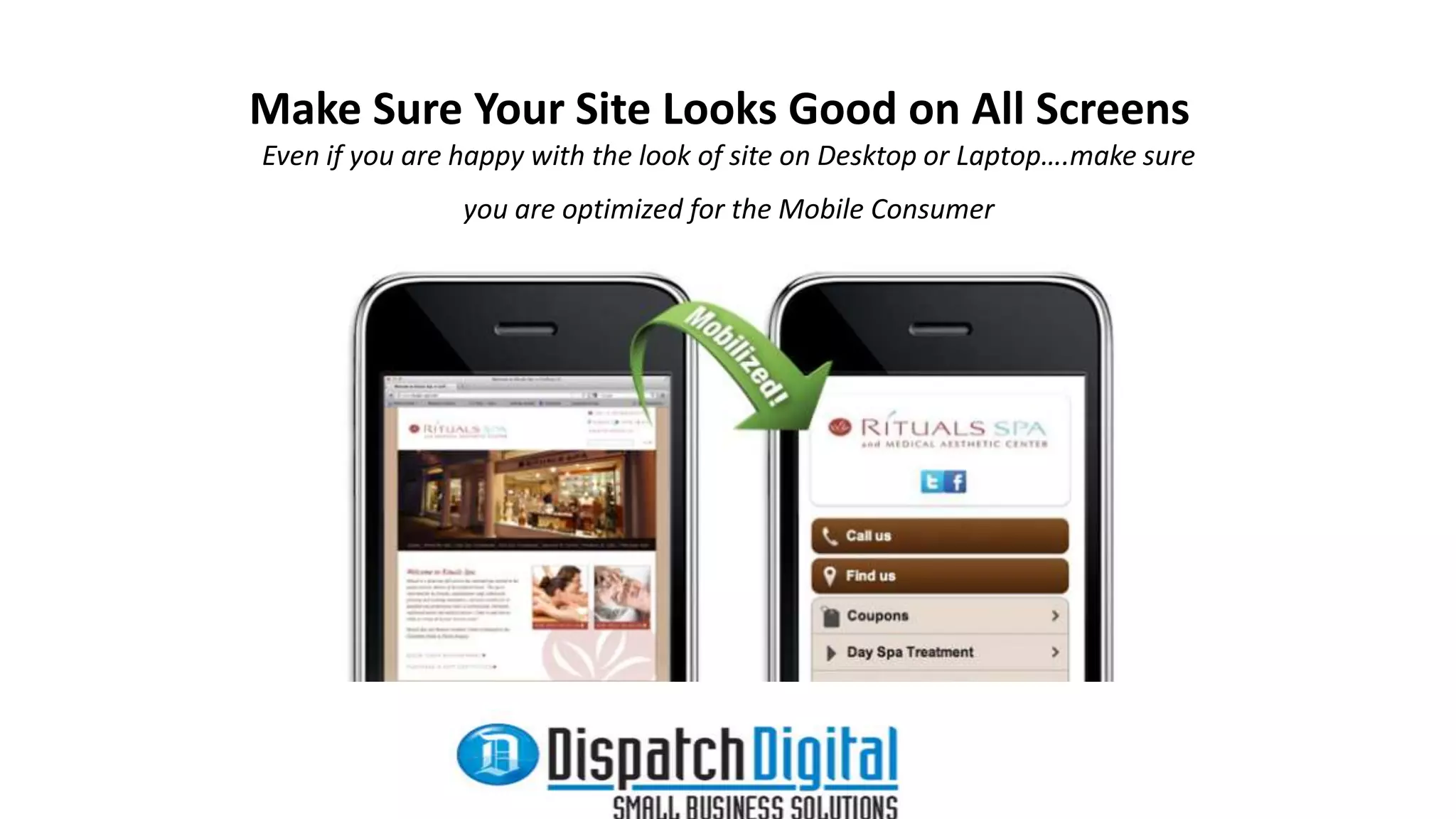 Make Sure Your Site Looks Good on All Screens 
Even if you are happy with the look of site on Desktop or Laptop….make sure 
you are optimized for the Mobile Consumer 
 