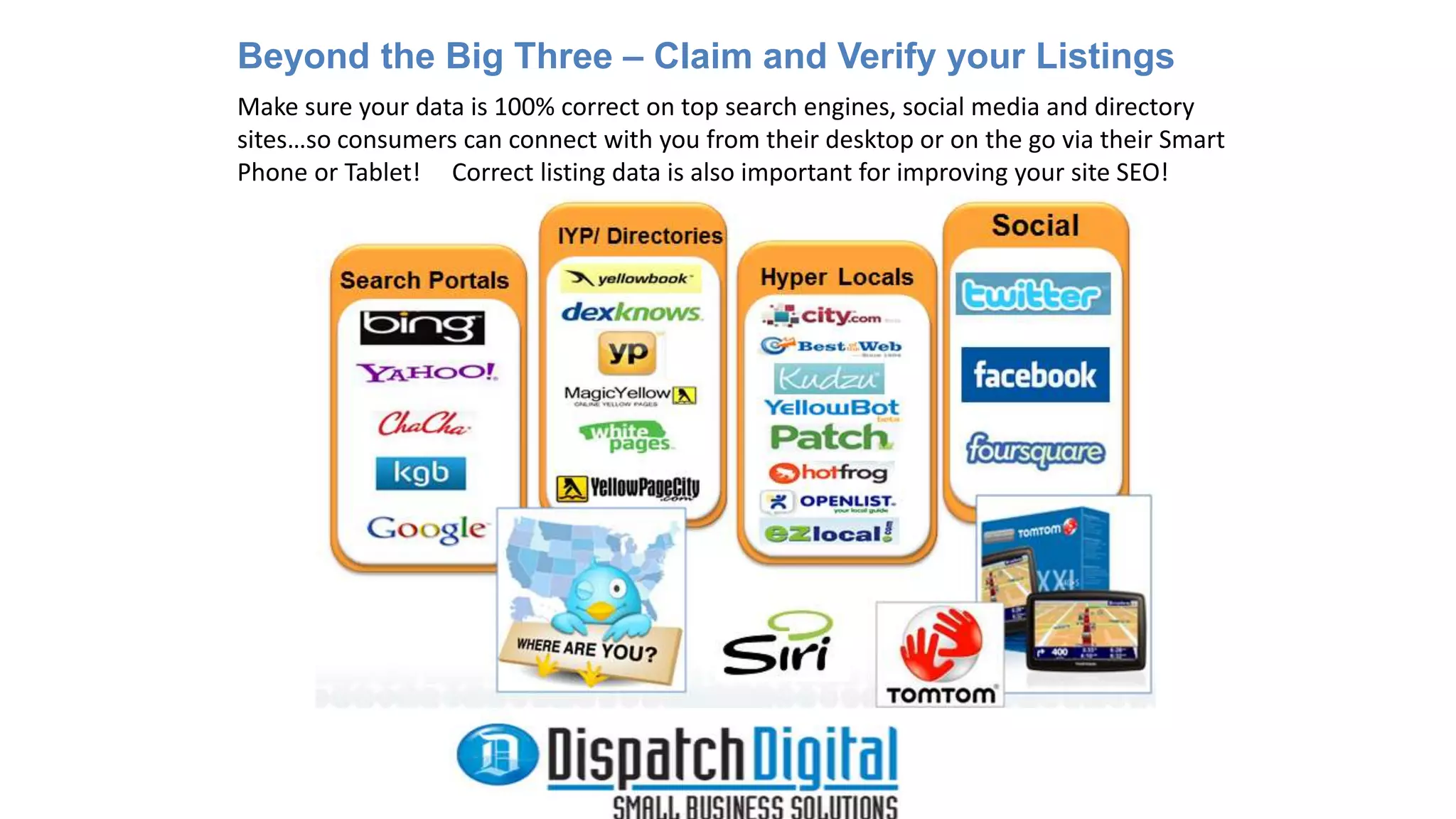 Beyond the Big Three – Claim and Verify your Listings 
Make sure your data is 100% correct on top search engines, social media and directory 
sites…so consumers can connect with you from their desktop or on the go via their Smart 
Phone or Tablet! Correct listing data is also important for improving your site SEO! 
 