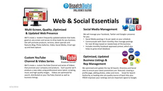 Web & Social Essentials 
Multi-Screen, Quality ,Optimized 
& Updated Web Presence 
We’ll create a modern frequently updated website that looks 
good on any screen and serves to drive leads for you business. 
Site will promote products, services, latest specials and 
features Blog, Photo Galleries, Video, Social Media, Email sign 
up and lead capture. 
Custom YouTube 
Optimized, Updated 
Channel & Video Series 
Business Listings & 
Rep Management We’ll create a custom YouTube Channel and series of Videos 
that promote your company and products. Each quarter we’ll 
produce a new video using professional voice talent, scripting, 
music and high quality images. Videos are optimized for 
search, distributed on your YouTube channel as well as 
business listings. 
Social Media Management 
We will manage your Facebook, Twitter and Google+ presence 
for you: 
• Social Media postings 2-3x per week on your schedule. 
• Communicate with client monthly, then manage postings 
for next 30 days based on needs/news of the business. 
• Includes monthly Facebook approved contest, which also 
helps to grow email database 
We optimized and update the top 50 Search, Directory and Social 
sites to ensure your latest promotions are featured, creating a 
profile page, adding photos, video and more. Great for Search 
Authority, as leading sites are quality source of back links plus 
FRESH improves your rankings and are important signal to Google. 
3/31/2014 
 