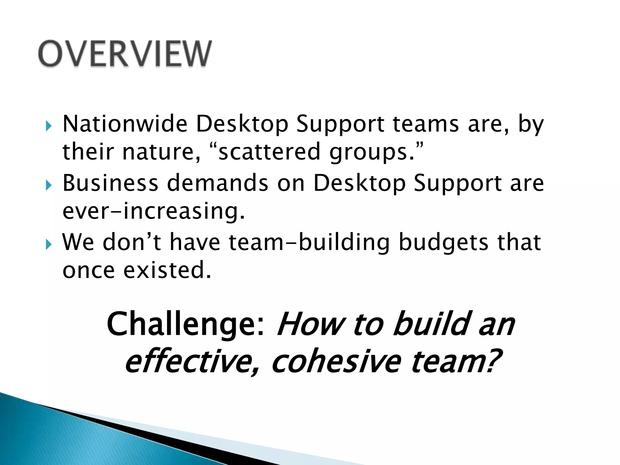    Nationwide Desktop Support teams are, by
    their nature, “scattered groups.”
   Business demands on Desktop Support are
    ever-increasing.
   We don’t have team-building budgets that
    once existed.

       Challenge: How to build an
         effective, cohesive team?
 