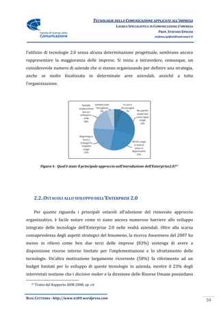 TECNOLOGIE DELLA COMUNICAZIONE APPLICATE ALL’IMPRESA
                                                         LAUREA SPECIALISTICA IN COMUNICAZIONE D’IMPRESA
                                                                                   PROF. STEFANO EPIFANI
                                                                                 stefano.epifani@uniroma1.it




l’utilizzo di tecnologie 2.0 senza alcuna determinazione progettuale, sembrano ancora
rappresentare la maggioranza delle imprese. Si inizia a intravedere, comunque, un
considerevole numero di aziende che si stanno organizzando per definire una strategia,
anche se molto focalizzata in determinate aree aziendali, anziché a tutta
l’organizzazione.




          Figura 6 - Qual’è stato il principale approccio nell’introduzione dell’Enterprise2.0?37




       2.2. OSTACOLI ALLO SVILUPPO DELL’ENTERPRISE 2.0

       Per quanto riguarda i principali ostacoli all’adozione del rinnovato approccio
organizzativo, è facile notare come vi siano ancora numerose barriere allo sviluppo
integrato delle tecnologie dell’Enterprise 2.0 nelle realtà aziendali. Oltre alla scarsa
consapevolezza degli aspetti strategici del fenomeno, la ricerca Awareness del 2007 ha
messo in rilievo come ben due terzi delle imprese (83%) sostenga di avere a
disposizione risorse interne limitate per l’implementazione e lo sfruttamento delle
tecnologie. Un’altra motivazione largamente ricorrente (58%) fa riferimento ad un
budget limitati per lo sviluppo di queste tecnologie in azienda, mentre il 23% degli
intervistati sostiene che i decision maker e la direzione delle Risorse Umane possiedano

  37   Tratto dal Rapporto AIIM 2008, op. cit


BLOG CATTEDRA - http://www.tci09.wordpress.com
                                                                                                               50
 