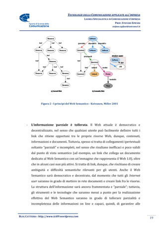 TECNOLOGIE DELLA COMUNICAZIONE APPLICA ALL’IMPRESA
                                                                     APPLICATE
                                                    LAUREA SPECIALISTICA IN COMUNICAZIONE D’IMPRESA
                                                                              PROF. STEFANO EPIFANI
                                                                           stefano.epifani@uniroma1.it




                 Figura 2 - I principi del Web Semantico - Koivunen, Miller 2001




     -   L’informazione parziale è tollerata Il Web attuale è democratico e
                                   tollerata.
         decentralizzato, nel senso che qualsiasi utente può facilmente definire tutti i
         link che ritiene opportuni tra le proprie risorse Web, dunque, contenuti,
         informazioni e documenti. Tuttavia, spesso si tratta di collegamenti ip
                                                                              ipertestuali
         soltanto “parziali” e incompleti, nel senso che risultano inefficaci e poco validi
         dal punto di vista semantico (ad esempio, un link che collega un documento
         dedicato al Web Semantico con un'immagine che rappresenta il Web 1.0), oltre
         che in alcuni casi non più attivi. Si tratta di link, dunque, che rischiano di creare
                   uni
         ambiguità e difficoltà semantiche rilevanti per gli utenti. Anche il Web
         Semantico sarà democratico e decentrato, dal momento che tutti gli Internet
         user saranno in grado di mettere in rete documenti e creare link fra le risorse.
                                  mettere
         La struttura dell’informazione sarà ancora frammentata e “parziale”; tuttavia,
         gli strumenti e le tecnologie che saranno messi a punto per la realizzazione
         effettiva del Web Semantico saranno in grado di tollerare parzialità e
                                                         tollerare
         incompletezza delle informazioni on line e capaci, quindi, di garantire alle


BLOG CATTEDRA - http://www.tci09
                            ci09.wordpress.com
                                                                                                         19
 