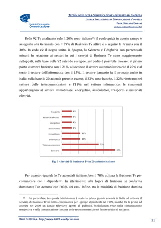 TECNOLOGIE DELLA COMUNICAZIONE APPLICA ALL’IMPRESA
                                                                        APPLICATE
                                                       LAUREA SPECIALISTICA IN COMUNICAZIONE D’IMPRESA
                                                                                 PROF. STEFANO EPIFANI
                                                                                stefano.epifani@uniroma1.it




    Delle 92 Tv analizzate solo il 20% sono italiane15; il ruolo guida in questo campo è
assegnato alla Germania con il 39% di Business Tv attive e a seguire la Francia con il
30%. In coda c’è il Regno unito, la Spagna, la Svizzera e l’Ungheria co percentuali
                                                                     con
minori. In relazione ai settori in cui i servizi di Business Tv sono maggiormente
sviluppati, sulla base delle 92 aziende europee, sul podio è possibile trovare: al primo
posto il settore bancario con il 21%, al secondo il settore automobilistico con il 20% e al
                                                            automobilistico
terzo il settore dell’informatica con il 15%. Il settore bancario ha il primato anche in
Italia: sulla base di 20 aziende prese in esame, il 32% sono banche, il 22% rientrano nel
settore delle telecomunicazioni e l’11% nel settore informatico; le rimanenti
                                                    informatico;
appartengono al settore immobiliare, energetico, assicurativo, trasporto e materiali
elettrici.




                           Fig. 3 - Servizi di Business Tv in 20 aziende italiane




    Per quanto riguarda le Tv aziendali italiane, ben il 78% utilizza la Business Tv per
comunicare con i dipendenti. In riferimento alla logica di fruizione si conferma
dominante l’on-demand con l’83% dei casi. Infine, tra le modalità di fruizione domina


   15    In particolare, tra queste Mediolanum è stata la prima grande azienda in Italia ad attivare il
servizio di Business Tv in forma continuativa per i propri dipendenti nel 1989, nonché tra le prime ad
attivare nel 2000 un canale televisivo aperto al pubblico. Mediolanum vede nella comunicazione
tempestiva e nella comunicazione costante delle rete commerciale un fattore critico di successo.


BLOG CATTEDRA - http://www.tci09
                            ci09.wordpress.com
                                                                                                              31
 