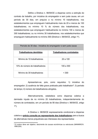 Define a Diretiva n. 98/59/CE a dispensa como a extinção do
contrato de trabalho, por iniciativa do empregador e sem justa causa, em um
período de 30 dias, em prejuízo a no mínimo 10 trabalhadores, nos
estabelecimentos que empreguem habitualmente mais de 20 e menos de 100
trabalhadores; no mínimo 10 % do número dos trabalhadores, nos
estabelecimentos que empreguem habitualmente no mínimo 100 e menos de
300 trabalhadores; ou no mínimo 30 trabalhadores, nos estabelecimentos que
empreguem habitualmente no mínimo 300 (Diretiva n. 98/59/CE, artigo 1º).

Período de 30 dias - Iniciativa do empregador e sem justa causa
Trabalhadores demitidos

Trabalhadores contratados

Mínimo de 10 trabalhadores

20 a 100

10% do número de trabalhadores

100 a 300

Mínimo de 30 trabalhadores

< 300

Apresentam-se,

pois,

como

requisitos:

1)

iniciativa

do

empregador; 2) ausência de falta grave praticada pelo trabalhador4; 3) período
de tempo; 4) número de trabalhadores atingidos.

Alternativamente,

estabelece

como

dispensa

coletiva

a

demissão injusta de no mínimo 20 trabalhadores, independentemente do
número de contratados, em um período de 90 dias (Diretiva n. 98/59/CE, artigo
1º).
A Diretiva n. 98/59/CE expressamente condicional a dispensa
coletiva a prévia consulta ao representante dos trabalhadores para a busca
de alternativas menos prejudiciais aos interesses dos representados:
4

O motivo deve ser objetivo, decorrente de causas econômicas ou estruturais (MANNRICH,
1998:204).

 