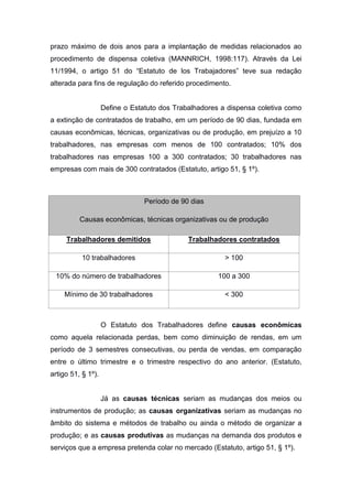 prazo máximo de dois anos para a implantação de medidas relacionados ao
procedimento de dispensa coletiva (MANNRICH, 1998:117). Através da Lei
11/1994, o artigo 51 do “Estatuto de los Trabajadores” teve sua redação
alterada para fins de regulação do referido procedimento.

Define o Estatuto dos Trabalhadores a dispensa coletiva como
a extinção de contratados de trabalho, em um período de 90 dias, fundada em
causas econômicas, técnicas, organizativas ou de produção, em prejuízo a 10
trabalhadores, nas empresas com menos de 100 contratados; 10% dos
trabalhadores nas empresas 100 a 300 contratados; 30 trabalhadores nas
empresas com mais de 300 contratados (Estatuto, artigo 51, § 1º).

Período de 90 dias
Causas econômicas, técnicas organizativas ou de produção
Trabalhadores demitidos

Trabalhadores contratados

10 trabalhadores

> 100

10% do número de trabalhadores

100 a 300

Mínimo de 30 trabalhadores

< 300

O Estatuto dos Trabalhadores define causas econômicas
como aquela relacionada perdas, bem como diminuição de rendas, em um
período de 3 semestres consecutivas, ou perda de vendas, em comparação
entre o último trimestre e o trimestre respectivo do ano anterior. (Estatuto,
artigo 51, § 1º).

Já as causas técnicas seriam as mudanças dos meios ou
instrumentos de produção; as causas organizativas seriam as mudanças no
âmbito do sistema e métodos de trabalho ou ainda o método de organizar a
produção; e as causas produtivas as mudanças na demanda dos produtos e
serviços que a empresa pretenda colar no mercado (Estatuto, artigo 51, § 1º).

 