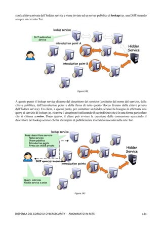121
DISPENSA DEL CORSO DI CYBERSECURITY - ANONIMATO IN RETE
con la chiave privata dell’hidden service e viene inviato ad un server pubblico di lookup (es. una DHT) usando
sempre un circuito Tor.
A questo punto il lookup service dispone del descrittore del servizio (costituito dal nome del servizio, dalla
chiave pubblica, dall’introduction point e della firma di tutto questo blocco firmato dalla chiave privata
dell’hidden service). Un client, a questo punto, per contattare un hidden service ha bisogno di effettuare una
query al servizio di lookup (es. ricevere il descrittore) utilizzando il suo indirizzo che è in una forma particolare
che si chiama x.onion. Dopo questo, il client può avviare la creazione della connessione scaricando il
descrittore del lookup service che ha il compito di pubblicizzare il servizio nascosto nella rete Tor.
Figura 142
Figura 143
 