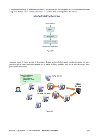 122
DISPENSA DEL CORSO DI CYBERSECURITY - ANONIMATO IN RETE
L’indirizzo nella query ha un formato chiamato x.onion che non è altro che una URL web realizzata attraverso
il top level domain .onion e come del dominio vi è un hash della chiave pubblica del servizio.
A questo punto il client, avendo il descrittore, da esso preleva la lista degli introduction point che deve
contattare per accedere all’hidden service, ed ha anche la chiave pubblica associata al servizio che gli serve
per comunicare con loro.
Figura 144
Figura 145
 