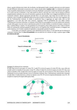 129
DISPENSA DEL CORSO DI CYBERSECURITY - ANONIMATO IN RETE
chiave, questa richiesta non è detto che sia diretta, ma tipicamente tende a passare attraverso un certo numero
di nodi differenti utilizzando un percorso più o meno casuale detto random walk. La richiesta di contenuto
viene in qualche modo passata a un proprio vicino per chiedergli se possiede il contenuto richiesto nell’oggetto,
se il vicino non ha il contenuto, a sua volta smista la chiave a uno dei suoi vicini, non la smista in maniera
completamente randomica ma cerca di smistarla a qualcuno che dovrebbe avere maggiori probabilità di avere
l’elemento richiesto. Questa operazione procede fino a un certo punto, man mano che un nodo riceve una
richiesta e non è in grado di soddisfarla passa ad un nuovo nodo la richiesta fino a che non viene raggiunto uno
che ha l’informazione richiesta. In media in pochissimi hop si raggiunge un super nodo, cioè un hub
aggregatore a cui tanti altri nodi sono connessi, raggiungo l’hub la probabilità che esso abbia cachato
l’informazione ricercata è altissima, ovviamente esiste anche un caso peggiore in cui nel contesto del cammino
casuale della query essa non arriva a destinazione prima di un dato timeout, in termini di tempo o numero di
hop, e quindi fallisce e riparte. Ciò che garantisce la convergenza veloce della ricerca è che i nodi in transito
fanno un caching dei contenuti quando la risposta arriva, ciò significa che i nodi hub iniziano a sviluppare una
cache immensa, ciò li rende in grado di rispondere a una grande quantità di queries.
Come detto, un contenuto richiesto viene identificato da una chiave, ci sono due fasi per la richiesta di
contenuto, la prima fase è la fase di handshake con un nodo da cui si ottiene un reply, a questa segue la fase
di richiesta dei dati.
Esempio di richiesta di un contenuto:
Il nodo Start invia la sua query al vicino N1, l nodo N1 re-invia la query al vicino N2 che a sua volta non
avendo scelte la reinoltra al suo unico vicino N1, allora il nodo N1 re-invia la query al vicino N3 che a sua
volta le reinoltra a N4, il nodo N4 re-invia la query al vicino N2, N2 la reinvia a N4, N4 la reinvia a N3 che
finalmente la invia al nodo End dove trova il contenuto richiesto. Ora, l’informazione richiesta deve ritornare
al nodo Start, il nodo End invia a ritroso la risposta verso N3, N3 invia la risposta direttamente verso N1, N1
recapita la risposta all’origine della query Start.
Figura 153
Figura 154
 