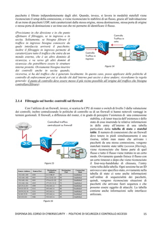 15
DISPENSA DEL CORSO DI CYBERSECURITY - POLITICHE DI SICUREZZA E CONTROLLO ACCESSI
pacchetto è filtrato indipendentemente dagli altri. Quando, invece, si lavora in modalità statefull viene
riconosciuto il setup della connessione, o viene riconosciuto lo stabilirsi di un flusso, grazie all’individuazione
di un treno di pacchetti UDP, tutti caratterizzati dalla stessa origine, stessa destinazione, stessa porta di origine
e stessa porta di destinazione e un time-out che mi permette di identificare il flusso.
(Precisiamo in che direzione e in che punto
effettuare il filtraggio, se in ingresso o in
uscita. Solitamente, se bisogna filtrare il
traffico in ingresso bisogna conoscere da
quale interfaccia arriverà il pacchetto;
inoltre il filtraggio in ingresso permette di
caratterizzare tutto il traffico che entra da un
mondo esterno, che è un altro dominio di
sicurezza, e va verso gli altri domini di
sicurezza che potrebbero essere le strutture
interne protette. Ovviamente bisogna inserire
dei controlli anche in uscita quando,
viceversa, si ha del traffico che è generato localmente. In questo caso, posso applicare delle politiche di
controllo di enforcement per cui si decide chi dall’interno può uscire e dove andare; ricordiamo la regola
generale: il punto di controllo deve essere messo il più vicino possibile all’origine del traffico che bisogna
controllare/filtrare).
2.1.4 Filtraggio sul bordo: controlli sul firewall
Con l’utilizzo di un firewall, invece, si scarica la CPU di router o switch di livello 3 dalla valutazione
dei controlli; inoltre centralizzando le politiche di controllo su di un firewall si hanno notevoli vantaggi in
termini gestionali. Il firewall, a differenza del router, è in grado di percepire l’esistenza di una connessione
stabilita, e di tener traccia dell’esistenza e dello
stato di essa inserendo le relative informazioni
in delle entry all’interno di una tabella
particolare detta tabella di stato o stateful
table. Il numero di connessioni che un firewall
deve tenere in piedi simultaneamente è una
risorsa, infatti man mano che arrivano i
pacchetti da una stessa connessione, vengono
matchati tramite state table (session filtering),
viene riconosciuto che fanno parte di quel
flusso e tutto il flusso viene trattato in un certo
modo. Ovviamente quando finisce il flusso con
un certo timeout o dopo che viene riconosciuto
il four-way-handshake di chiusura, l’entry
viene tolta dalla tabella. Ogni sessione ha un ID
univoco e uno specifico stato, ovviamente nella
tabella di stato ci sono anche informazioni
sull’ordine di sequenzialità dei pacchetti,
quindi, vengono riconosciute situazioni di
pacchetti che arrivano fuori sequenza e che
possono essere oggetto di attacchi. La tabella
contiene anche informazioni sulle interfacce
utilizzate.
Figura 14
Figura 15
Figura 16
 