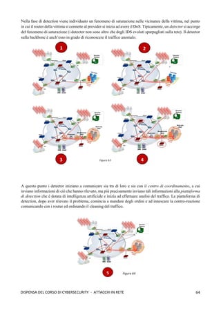 64
DISPENSA DEL CORSO DI CYBERSECURITY - ATTACCHI IN RETE
Nella fase di detection viene individuato un fenomeno di saturazione nelle vicinanze della vittima, nel punto
in cui il router della vittima si connette al provider si inizia ad avere il DoS. Tipicamente, un detector si accorge
del fenomeno di saturazione (i detector non sono altro che degli IDS evoluti sparpagliati sulla rete). Il detector
sulla backbone è anch’esso in grado di riconoscere il traffico anomalo.
A questo punto i detector iniziano a comunicare sia tra di loro e sia con il centro di coordinamento, a cui
inviano informazioni di ciò che hanno rilevato, ma più precisamente inviano tali informazioni alla piattaforma
di detection che è dotata di intelligenza artificiale e inizia ad effettuare analisi del traffico. La piattaforma di
detection, dopo aver rilevato il problema, comincia a mandare degli ordini e ad innescare la contro-reazione
comunicando con i router ed ordinando il cleaning del traffico.
 