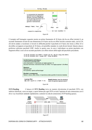 80
DISPENSA DEL CORSO DI CYBERSECURITY - ATTACCHI IN RETE
L’esempio nell’immagine seguente mostra un primo frammento di 36 bytes che ha un offset iniziale 0, un
secondo frammento inviato ha una dimensione di 4 bytes ma ha un offset iniziale costruito male, cioè di 24;
chi dovrà andare a ricostruire si troverà in difficoltà perché il pacchetto di 4 bytes che inizia a offset 24 si
dovrebbe sovrapporre al pacchetto di 36 bytes, ciò potrebbe mandare in crash diversi kernel. Questo attacco
preferisce utilizzare pacchetti UDP. Anche in questo caso, la cura è individuare un primo pacchetto con
fragment-offset a zero ed un secondo pacchetto con offset minore della taglia del pacchetto precedente.
SYN Flooding L’attacco di SYN flooding invia un numero elevatissimo di pacchetti SYN, con
indirizzi falsificati, verso un target, e quest’ultimo per ogni SYN avvierà l’apertura di una connessione con il
three-way handshake andando rapidamente a saturare la coda di connessione (TCP backlog queue);
Figura 95
Figura 96
Figura 97
 