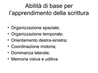 Abilità di base per
l’apprendimento della scrittura
• Organizzazione spaziale;
• Organizzazione temporale;
• Orientamento destra-sinistra;
• Coordinazione motoria;
• Dominanza laterale;
• Memoria visiva e uditiva.
 