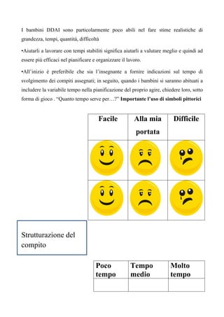 I bambini DDAI sono particolarmente poco abili nel fare stime realistiche di
grandezza, tempi, quantità, difficoltà
•Aiutarli a lavorare con tempi stabiliti significa aiutarli a valutare meglio e quindi ad
essere più efficaci nel pianificare e organizzare il lavoro.
•All’inizio è preferibile che sia l’insegnante a fornire indicazioni sul tempo di
svolgimento dei compiti assegnati; in seguito, quando i bambini si saranno abituati a
includere la variabile tempo nella pianificazione del proprio agire, chiedere loro, sotto
forma di gioco . “Quanto tempo serve per…?” Importante l’uso di simboli pittorici
Facile Alla mia
portata
Difficile
Strutturazione del
compito
Poco
tempo
Tempo
medio
Molto
tempo
 