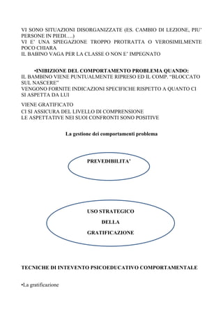 VI SONO SITUAZIONI DISORGANIZZATE (ES. CAMBIO DI LEZIONE, PIU’
PERSONE IN PIEDI….)
VI E’ UNA SPIEGAZIONE TROPPO PROTRATTA O VEROSIMILMENTE
POCO CHIARA
IL BABINO VAGA PER LA CLASSE O NON E’ IMPEGNATO
•INIBIZIONE DEL COMPORTAMENTO PROBLEMA QUANDO:
IL BAMBINO VIENE PUNTUALMENTE RIPRESO ED IL COMP. “BLOCCATO
SUL NASCERE”
VENGONO FORNITE INDICAZIONI SPECIFICHE RISPETTO A QUANTO CI
SI ASPETTA DA LUI
VIENE GRATIFICATO
CI SI ASSICURA DEL LIVELLO DI COMPRENSIONE
LE ASPETTATIVE NEI SUOI CONFRONTI SONO POSITIVE
La gestione dei comportamenti problema
TECNICHE DI INTEVENTO PSICOEDUCATIVO COMPORTAMENTALE
•La gratificazione
USO STRATEGICO
DELLA
GRATIFICAZIONE
PREVEDIBILITA’
 