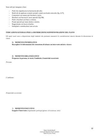 10
Opera Armida Barelli
Corso per Operatore Socio sanitario
Sede di Levico Terme
Sono utili per mangiare e bere:
- Piatti che impediscono la fuoriuscita del cibo;
- Bordi alti da applicare ai piatti normali o piatti con bordo extra alto (fig. (8.7);
- Contenitori con manici per bicchieri e tazze;
- Bicchieri con beccuccio, tazze speciali (fig.8.8);
- Piatti e bicchieri con base a ventosa;
- Posate speciali per mano destra e sinistra;
- Reggi posate con laccio al polso;
- Sottopiatti e sottobicchieri anti scivolo.
INDICAZIONI GENERALI PER LA DISTRIBUZIONE/SOMMINISTRAZIONE DEL PASTO
Gli spazi vuoti sono a disposizione degli studenti che potranno annotarvi le considerazioni emerse durante la discussione in
classe
1) MOMENTO INFORMATIVO
Raccogliere le informazioni che consentono di attuare un intervento mirato e sicuro:
2) MOMENTO ORGANIZZATIVO
Preparare la persona, sé stessi, l’ambiente, il materiale occorrente
Persona:
L’ambiente:
Il materiale occorrente:
3) MOMENTO ESECUTIVO
Eseguire l’intervento (rispettando i principi igienici, di sicurezza, etici)
 