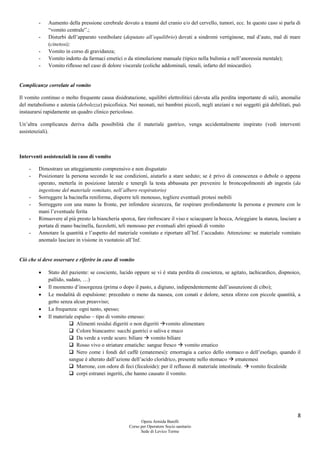 8
Opera Armida Barelli
Corso per Operatore Socio sanitario
Sede di Levico Terme
- Aumento della pressione cerebrale dovuto a traumi del cranio e/o del cervello, tumori, ecc. In questo caso si parla di
“vomito centrale”.;
- Disturbi dell’apparato vestibolare (deputato all’equilibrio) dovuti a sindromi vertiginose, mal d’auto, mal di mare
(cinetosi);
- Vomito in corso di gravidanza;
- Vomito indotto da farmaci emetici o da stimolazione manuale (tipico nella bulimia e nell’anoressia mentale);
- Vomito riflesso nel caso di dolore viscerale (coliche addominali, renali, infarto del miocardio).
Complicanze correlate al vomito
Il vomito continuo o molto frequente causa disidratazione, squilibri elettrolitici (dovuta alla perdita importante di sali), anomalie
del metabolismo e astenia (debolezza) psicofisica. Nei neonati, nei bambini piccoli, negli anziani e nei soggetti già debilitati, può
instaurarsi rapidamente un quadro clinico pericoloso.
Un’altra complicanza deriva dalla possibilità che il materiale gastrico, venga accidentalmente inspirato (vedi interventi
assistenziali).
Interventi assistenziali in caso di vomito
- Dimostrare un atteggiamento comprensivo e non disgustato
- Posizionare la persona secondo le sue condizioni, aiutarlo a stare seduto; se è privo di conoscenza o debole o appena
operato, metterla in posizione laterale e tenergli la testa abbassata per prevenire le broncopolmoniti ab ingestis (da
ingestione del materiale vomitato, nell’albero respiratorio)
- Sorreggere la bacinella reniforme, disporre teli monouso, togliere eventuali protesi mobili
- Sorreggere con una mano la fronte, per infondere sicurezza, far respirare profondamente la persona e premere con le
mani l’eventuale ferita
- Rimuovere al più presto la biancheria sporca, fare rinfrescare il viso e sciacquare la bocca, Arieggiare la stanza, lasciare a
portata di mano bacinella, fazzoletti, teli monouso per eventuali altri episodi di vomito
- Annotare la quantità e l’aspetto del materiale vomitato e riportare all’Inf. l’accaduto. Attenzione: se materiale vomitato
anomalo lasciare in visione in vuotatoio all’Inf.
Ciò che si deve osservare e riferire in caso di vomito
 Stato del paziente: se cosciente, lucido oppure se vi è stata perdita di coscienza, se agitato, tachicardico, dispnoico,
pallido, sudato, …)
 Il momento d’insorgenza (prima o dopo il pasto, a digiuno, indipendentemente dall’assunzione di cibo);
 Le modalità di espulsione: preceduto o meno da nausea, con conati e dolore, senza sforzo con piccole quantità, a
getto senza alcun preavviso;
 La frequenza: ogni tanto, spesso;
 Il materiale espulso – tipo di vomito emesso:
 Alimenti residui digeriti o non digeriti vomito alimentare
 Colore biancastro: succhi gastrici o saliva e muco
 Da verde a verde scuro: biliare  vomito biliare
 Rosso vivo o striature ematiche: sangue fresco  vomito ematico
 Nero come i fondi del caffè (ematemesi): emorragia a carico dello stomaco o dell’esofago, quando il
sangue è alterato dall’azione dell’acido cloridrico, presente nello stomaco  ematemesi
 Marrone, con odore di feci (fecaloide): per il reflusso di materiale intestinale.  vomito fecaloide
 corpi estranei ingeriti, che hanno causato il vomito.
 