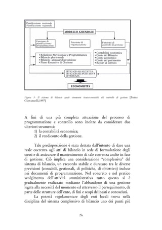 26
Figura 3- Il sistema di bilancio quale strumento tecnico-contabile del controllo di gestione [Fonte
Giovannelli,1997]
A fini di una più completa attuazione del processo di
programmazione e controllo sono inoltre da considerare due
ulteriori strumenti:
1) la contabilità economica;
2) il rendiconto della gestione.
Tale predisposizione è stata dettata dall’intento di dare una
reale coerenza agli atti di bilancio in sede di formulazione degli
stessi e di assicurare il mantenimento di tale coerenza anche in fase
di gestione. Ciò implica una considerazione “complessiva” del
sistema di bilancio, un raccordo stabile e duraturo tra le diverse
previsioni (contabili, gestionali, di politiche, di obiettivo) incluse
nei documenti di programmazione. Nel concreto e nel pratico
svolgimento dell’attività amministrativa tutto questo si è
gradualmente realizzato mediante l’abbandono di una gestione
legata alla necessità del momento ed attraverso il perseguimento, da
parte delle strutture dell’ente, di fini e scopi delineati e conosciuti.
La potestà regolamentare degli enti locali trova nella
disciplina del sistema complessivo di bilancio uno dei punti più
 