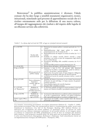 7
Reinventare3
la pubblica amministrazione è divenuto l’ideale
comune che ha dato luogo a sensibili mutamenti organizzativi, tecnici,
istituzionali, stimolando quel processo di apprendimento sociale che si è
rivelato estremamente utile per la diffusione di una nuova cultura,
all'insegna del raggiungimento dei risultati e del rispetto delle logiche di
un efficiente servizio alla collettività.
Tabella 1- La riforma degli enti locali dal 1990 ad oggi con i principali interventi normativi
L. n. 142/1990
Riordino delle
autonomie locali
• Distinzione fra momento politico e momento gestionale (art. 51, 2°
comma)
• Responsabilizzazione degli organi politici in termini di
programmazione (art. 32, 2° comma, lett. b)
• Responsabilizzazione dei dirigenti in termini di risultati (art. 51, 3°
comma)
• Possibilità di conferire incarichi direttivi settoriali a tempo
determinato, con verifica ex post del conseguimento degli obiettivi
(art 51, comma 5 bis ss.)
• Introduzione dell'obbligo della contabilità economica (art 55, 6°
comma)
• Introduzione della revisione economico-finanziaria (art. 57)
L. n. 81 del 1993, • Elezione diretta del Sindaco e del Presidente della Provincia
D. lgs. n. 29/1993
Riforma generale del
pubblico impiego
• Estensione a tutta la P.A.. del principio della distinzione
/integrazione fra politica e amministrazione, quindi fra indirizzo e
controllo , da una parte , e gestione dall'altra
• Esplicitazione di un primo nucleo di logica budgetaria: obbligatoria
disaggregazione del bilancio dello Stato per direzioni generali
• introduzione di servizi di controllo economico interno o nuclei di
valutazione
D. lgs. n.77/1995
Nuovo ordinamento
finanziario e
contabile degli enti
locali
• Disciplina del bilancio di previsione su cui si fonda l'autorizzazione
all'esecutivo da parte del d.lgs, e il "piano esecutivo di gestione",
strumento innovativo
• Prima disciplina organica del controllo di gestione
• Disciplina della "contabilità economica
L. n. 127/1997
c.d. "Bassanini bis"
Modifiche ed
integrazioni ai tre
precedenti interventi
normative
• E' intervenuta andando ad integrare le norme precedenti, in punti già
elencati, con l'obiettivo di snellire i procedimenti amministrativi
D. lgs. n. 80/1998 Modifiche ed
integrazioni al D.
Lgs. n. 29/1993
• Accentuazione della distinzione tra indirizzo politico-amministrativo
da un lato e amministrazione dall'altro, con esplicita attribuzione
della responsabilità gestionale in via esclusiva ai dirigenti (art.3)
D.P.R. 3 agosto 1998, n.
326,
• Approvazione dei modelli e schemi contabili relativi alla relazione
previsionale e programmatica
3 La formula "reinventing government", di origine statunitense (Osborne D. - Gaebler T. (1992),
Reinventing Government: How the entrepreneurial Spirit is transforming the public sector from
Scholhouse to Statehouse, City hall to the Pentagon. Reading, MA: Addison Wesley) sin
dall'inizio dei rivolgimenti nel settore pubblico, in qualunque paese, ha giocato un ruolo
cruciale ed la sua valenza è destinata a perdurare. In un recente articolo, in cui vengono messe
in evidenza le componenti del NPM, probabilmente al fine di dare un sostegno alla memoria
dello studioso, viene proposto il modello delle 5 R, delle quali una sta proprio per "Reinventare"
le altre sono Ristrutturare, Riprogettare, Riallineare e Ripensare. Tutte naturalmente riferite ad
un'implementazione strategica del NPM (Jones - Thompson, 1997)
 