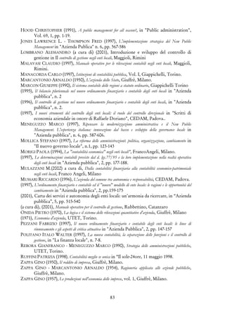 83
HOOD CHRISTOPHER (1991), A public management for all season?, in "Public administration",
Vol. 69, 1, pp. 1-19.
JONES LAWRENCE L. - THOMPSON FRED (1997), L'implementazione strategica del New Public
Management in "Azienda Publica" n. 6, pp. 567-586
LOMBRANO ALESSANDRO (a cura di) (2001), Introduzione e sviluppo del controllo di
gestione in Il controllo di gestione negli enti locali, Maggioli, Rimini
MALAVASI CLAUDIO (1997), Manuale operativo per le rilevazioni contabili negli enti locali, Maggioli,
Rimini.
MANACORDA CARLO (1997), Istituzioni di contabilità pubblica, Vol. I, Giappichelli, Torino.
MARCANTONIO ARNALDO (1950), L'azienda dello Stato, Giuffrè, Milano.
MARCON GIUSEPPE (1990), Il sistema contabile delle regioni a statuto ordinario, Giappichelli Torino
(1995), Il bilancio pluriennale nel nuovo ordinamento finanziario e contabile degli enti locali in "Azienda
pubblica", n. 2
(1996), Il controllo di gestione nel nuovo ordinamento finanziario e contabile degli enti locali, in "Azienda
pubblica", n. 2.
(1997), I nuovi strumenti del controllo degli enti locali: il ruolo del controllo direzionale in "Scritti di
economia aziendale in onore di Raffaele Doriano", CEDAM, Padova..
MENEGUZZO MARCO (1997), Ripensare la modernizzazione amministrativa e il New Public
Management. L'esperienza italiana: innovazione dal basso e sviluppo della governance locale in
"Azienda pubblica", n. 6, pp. 587-606.
MOLLICA STEFANO (1997), La riforma delle amministrazioni: politica, organizzazione, cambiamento in
"Il nuovo governo locale", n.1, pp. 123-143
MORIGI PAOLA (1994), La "contabilità economica" negli enti locali", FrancoAngeli, Milano.
(1997), Le determinazioni contabili previste dal d. lgs.77/95 e la loro implementazione nella realtà operativa
degli enti locali in "Azienda pubblica", 2, pp. 177-188.
MULAZZANI M.(2002) a cura di, Dalla contabilità finanziaria alla contabilità economico-patrimoniale
negli enti locali, Franco Angeli, Milano
MUSSARI RICCARDO (1996), L'azienda del comune tra autonomia e responsabilità, CEDAM, Padova.
(1997), L'ordinamento finanziario e contabile ed il "nuovo" modello di ente locale: le ragioni e le opportunità del
cambiamento in "Azienda pubblica", 2, pp.159-175
(2001), Carta dei servizi e autonomia degli enti locali: un’armonia da ricercare, in “Azienda
pubblica”, 5, pp. 515-540
(a cura di), (2001), Manuale operativo per il controllo di gestione, Rubbettino, Catanzaro
ONIDA PIETRO (1970), La logica e il sistema delle rilevazioni quantitative d'azienda, Giuffrè, Milano
(1971), Economia d'azienda, UTET, Torino.
PEZZANI FABRIZIO (1997), Il nuovo ordinamento finanziario e contabile degli enti locali: le linee di
rinnovamento e gli aspetti di critica attuativa in "Azienda Pubblica", 2, pp. 147-157
POLITANO ITALO WALTER (1997), La nuova contabilità, la separazione delle funzioni e il controllo di
gestione, in "La finanza locale", n. 7-8.
REBORA GIANFRANCO - MENEGUZZO MARCO (1990), Strategia delle amministrazioni pubbliche,
UTET, Torino.
RUFFINI PATRIZIA (1998), Contabilità meglio se unica in “Il sole-24ore, 11 maggio 1998.
ZAPPA GINO (1950), Il reddito di impresa, Giuffrè, Milano.
ZAPPA GINO - MARCANTONIO ARNALDO (1954), Ragioneria applicata alle aziende pubbliche,
Giuffrè, Milano.
ZAPPA GINO (1957), Le produzioni nell'economia delle imprese, vol. 1, Giuffrè, Milano.
 
