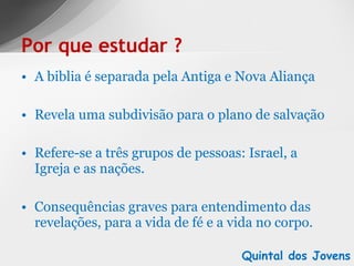 A biblia é separada pela Antiga e Nova Aliança Revela uma subdivisão para o plano de salvação Refere-se a três grupos de pessoas: Israel, a Igreja e as nações. Consequências graves para entendimento das revelações, para a vida de fé e a vida no corpo. Por que estudar ? Quintal dos Jovens 