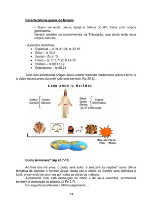 Características gerais do Milênio

            - Quem vai estar: Jesus, Igreja e Salvos do AT, todos com corpos
            glorificados.
            Haverá também os sobreviventes da Tribulação, que ainda terão seus
            corpos naturais.

      - Aspectos distintivos:
          • Espiritual – Jr 31.31-34; Is 32.15
          • Ético – Is 32.5
          • Social – Zc 9.10
          • Físico – Is 11.6,7; Zc 9.13-15
          • Político – Is 60.11,12
          • Eclesiástico – Is 66.23

      Tudo isso acontecerá porque Jesus estará reinando diretamente sobre a terra, e
o diabo estará preso durante todo este período (Ap 20.2).




      Como terminará? (Ap 20.7-10)

        Ao final dos mil anos, o diabo será solto e seduzirá as nações* numa última
tentativa de derrotar o Senhor Jesus, desta vez a vitória do Senhor será definitiva e
total, encerrando de uma vez por todas as obras do maligno.
        Juntamente com esta destruição do diabo e de seus exércitos, acontecerá
também a destruição do planeta (II Pe 3.7).
        Em seguida acontecerá o último julgamento....

                                      14
 