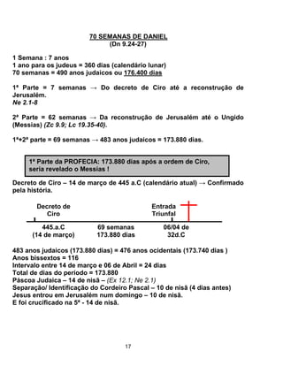 70 SEMANAS DE DANIEL
                              (Dn 9.24-27)

1 Semana : 7 anos
1 ano para os judeus = 360 dias (calendário lunar)
70 semanas = 490 anos judaicos ou 176.400 dias

1ª Parte = 7 semanas → Do decreto de Ciro até a reconstrução de
Jerusalém.
Ne 2.1-8

2ª Parte = 62 semanas → Da reconstrução de Jerusalém até o Ungido
(Messias) (Zc 9.9; Lc 19.35-40).

1ª+2ª parte = 69 semanas → 483 anos judaicos = 173.880 dias.


     1ª Parte da PROFECIA: 173.880 dias após a ordem de Ciro,
     seria revelado o Messias !

Decreto de Ciro – 14 de março de 445 a.C (calendário atual) → Confirmado
pela história.

       Decreto de                            Entrada
          Ciro                               Triunfal

         445.a.C           69 semanas            06/04 de
      (14 de março)        173.880 dias           32d.C

483 anos judaicos (173.880 dias) = 476 anos ocidentais (173.740 dias )
Anos bissextos = 116
Intervalo entre 14 de março e 06 de Abril = 24 dias
Total de dias do período = 173.880
Páscoa Judaica – 14 de nisã – (Ex 12.1; Ne 2.1)
Separação/ Identificação do Cordeiro Pascal – 10 de nisã (4 dias antes)
Jesus entrou em Jerusalém num domingo – 10 de nisã.
E foi crucificado na 5ª - 14 de nisã.




                                    17
 