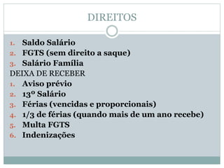 DIREITOS
1. Saldo Salário
2. FGTS (sem direito a saque)
3. Salário Família
DEIXA DE RECEBER
1. Aviso prévio
2. 13º Salário
3. Férias (vencidas e proporcionais)
4. 1/3 de férias (quando mais de um ano recebe)
5. Multa FGTS
6. Indenizações
 