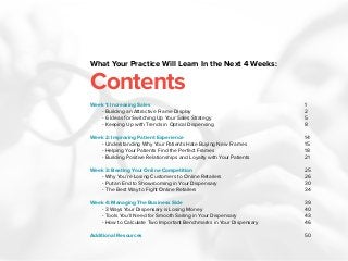 Contents
Week 1: Increasing Sales
	 - Building an Attractive Frame Display
	- 6 Ideas for Switching Up Your Sales Strategy
	 - Keeping Up with Trends in Optical Dispensing
Week 2: Improving Patient Experience
	 - Understanding Why Your Patients Hate Buying New Frames
	 - Helping Your Patients Find the Perfect Frames
	 - Building Positive Relationships and Loyalty with Your Patients
Week 3: Beating Your Online Competition
	 - Why You’re Losing Customers to Online Retailers
	 - Put an End to Showrooming in Your Dispensary
	 - The Best Way to Fight Online Retailers
Week 4: Managing The Business Side
	 - 3 Ways Your Dispensary is Losing Money
	 - Tools You’ll Need for Smooth Sailing in Your Dispensary
	 - How to Calculate Two Important Benchmarks in Your Dispensary
Additional Resources
What Your Practice Will Learn In the Next 4 Weeks:
1
2
5
8
14
15
18
21
25
26
30
34
39
40
43
46
50
 