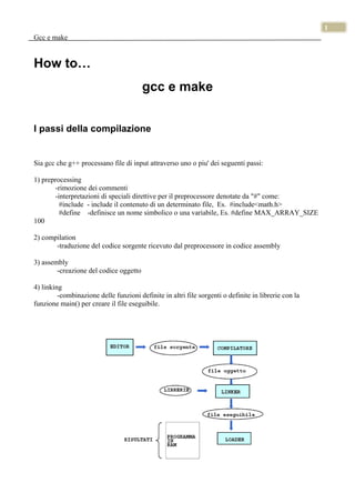 1
Gcc e make


How to…
                                        gcc e make


I passi della compilazione


Sia gcc che g++ processano file di input attraverso uno o piu' dei seguenti passi:

1) preprocessing
       -rimozione dei commenti
       -interpretazioni di speciali direttive per il preprocessore denotate da quot;#quot; come:
         #include - include il contenuto di un determinato file, Es. #include<math.h>
         #define -definisce un nome simbolico o una variabile, Es. #define MAX_ARRAY_SIZE
100

2) compilation
       -traduzione del codice sorgente ricevuto dal preprocessore in codice assembly

3) assembly
        -creazione del codice oggetto

4) linking
         -combinazione delle funzioni definite in altri file sorgenti o definite in librerie con la
funzione main() per creare il file eseguibile.
 