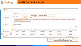 7> Refill Due Tasklist> Report
Refill Due list is shown as below
Next Refill due date is getting calculated on the basis of
Dispensation days entered less 2 days
 