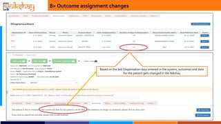 8> Outcome assignment changes
Based on the last Dispensation days entered in the system, outcomes end date
for the patient gets changed in the Nikshay
 