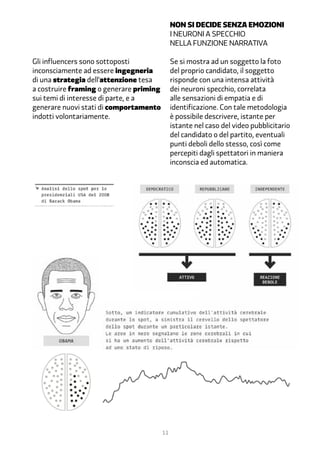 NON SI DECIDE SENZA EMOZIONI
                                              I neuroni a specchio
                                              nella funzione narrativa

Gli influencers sono sottoposti               Se si mostra ad un soggetto la foto
inconsciamente ad essere ingegneria           del proprio candidato, il soggetto
di una strategia dell’attenzione tesa         risponde con una intensa attività
a costruire framing o generare priming        dei neuroni specchio, correlata
sui temi di interesse di parte, e a           alle sensazioni di empatia e di
generare nuovi stati di comportamento         identificazione. Con tale metodologia
indotti volontariamente.                      è possibile descrivere, istante per
                                              istante nel caso del video pubblicitario
                                              del candidato o del partito, eventuali
                                              punti deboli dello stesso, così come
                                              percepiti dagli spettatori in maniera
                                              inconscia ed automatica.




                                         11
 