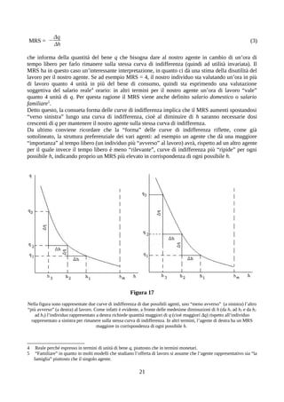 MRS = −
Δq
Δh
(3)
che informa della quantità del bene q che bisogna dare al nostro agente in cambio di un’ora di
tempo libero per farlo rimanere sulla stessa curva di indifferenza (quindi ad utilità invariata). Il
MRS ha in questo caso un’interessante interpretazione, in quanto ci dà una stima della disutilità del
lavoro per il nostro agente. Se ad esempio MRS = 4, il nostro individuo sta valutando un’ora in più
di lavoro quanto 4 unità in più del bene di consumo, quindi sta esprimendo una valutazione
soggettiva del salario reale4
orario: in altri termini per il nostro agente un’ora di lavoro “vale”
quanto 4 unità di q. Per questa ragione il MRS viene anche definito salario domestico o salario
familiare5
.
Detto questo, la consueta forma delle curve di indifferenza implica che il MRS aumenti spostandosi
“verso sinistra” lungo una curva di indifferenza, cioè al diminuire di h saranno necessarie dosi
crescenti di q per mantenere il nostro agente sulla stessa curva di indifferenza.
Da ultimo conviene ricordare che la “forma” delle curve di indifferenza riflette, come già
sottolineato, la struttura preferenziale dei vari agenti: ad esempio un agente che dà una maggiore
“importanza” al tempo libero (un individuo più “avverso” al lavoro) avrà, rispetto ad un altro agente
per il quale invece il tempo libero è meno “rilevante”, curve di indifferenza più “ripide” per ogni
possibile h, indicando proprio un MRS più elevato in corrispondenza di ogni possibile h.
Figura 17
Nella figura sono rappresentate due curve di indifferenza di due possibili agenti, uno “meno avverso” (a sinistra) l’altro
“più avverso” (a destra) al lavoro. Come infatti è evidente, a fronte delle medesime diminuzioni di h (da h1 ad h2 e da h2
ad h3) l’individuo rappresentato a destra richiede quantità maggiori di q (cioè maggiori Δq) rispetto all’individuo
rappresentato a sinistra per rimanere sulla stessa curva di indifferenza. In altri termini, l’agente di destra ha un MRS
maggiore in corrispondenza di ogni possibile h.
4 Reale perché espresso in termini di unità di bene q, piuttosto che in termini monetari.
5 “Familiare” in quanto in molti modelli che studiano l’offerta di lavoro si assume che l’agente rappresentativo sia “la
famiglia” piuttosto che il singolo agente.
21
 