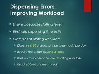 Dispensing Errors:
Improving Workload
 Ensure adequate staffing levels
 Eliminate dispensing time limits
 Examples of limiting workload
 Dispense ≤150 prescriptions per pharmacist per day
 Require rest breaks every 2–3 hours
 Brief warm-up period before restarting work tasks
 Require 30-minute meal breaks
 