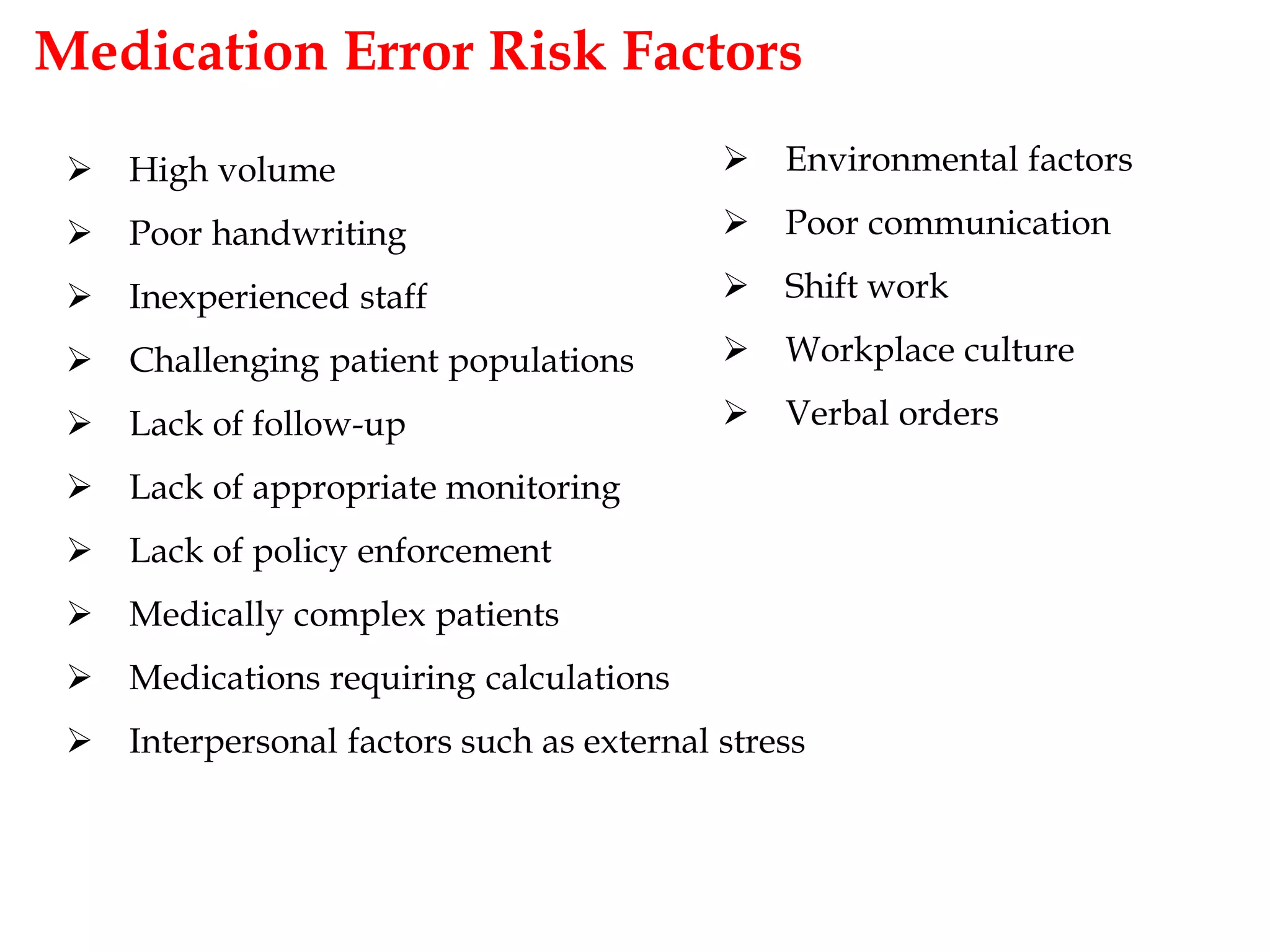 Medication Error Risk Factors
 High volume
 Poor handwriting
 Inexperienced staff
 Challenging patient populations
 Lack of follow-up
 Lack of appropriate monitoring
 Lack of policy enforcement
 Medically complex patients
 Medications requiring calculations
 Interpersonal factors such as external stress
 Environmental factors
 Poor communication
 Shift work
 Workplace culture
 Verbal orders
 