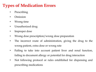 Types of Medication Errors
• Prescribing
• Omission
• Wrong time
• Unauthorized drug
• Improper dose
• Wrong dose prescription/wrong dose preparation
• The incorrect route of administration, giving the drug to the
wrong patient, extra dose or wrong rate
• Failing to take into account patient liver and renal function,
failing to document allergy or potential for drug interaction
• Not following protocol or rules established for dispensing and
prescribing medications
 