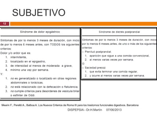 SUBJETIVO
07/06/2013DISPEPSIA - Dr.H.Martín
12
Mearin F., Perelló A., Balboa A. Los Nuevos Criterios de Roma III para los trastornos funcionales digestivos. Barcelona
 