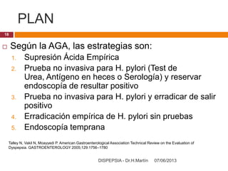 PLAN
07/06/2013DISPEPSIA - Dr.H.Martín
18
 Según la AGA, las estrategias son:
1. Supresión Ácida Empírica
2. Prueba no invasiva para H. pylori (Test de
Urea, Antígeno en heces o Serología) y reservar
endoscopía de resultar positivo
3. Prueba no invasiva para H. pylori y erradicar de salir
positivo
4. Erradicación empírica de H. pylori sin pruebas
5. Endoscopía temprana
Talley N, Vakil N, Moayyedi P. American Gastroenterological Association Technical Review on the Evaluation of
Dyspepsia. GASTROENTEROLOGY 2005;129:1756–1780
 