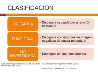 CLASIFICACIÓN
07/06/2013DISPEPSIA - Dr.H.Martín
5
• Dispepsia causada por alteración
estructuralORGÁNICA
• Dispepsia con estudios de imagen
negativos de causa estructuralFUNCIONAL
• Dispepsia sin estudios previos
NO
INVESTIGADA
A. Linares Rodríguez. Dispepsia. En: J.L. Díez Jarilla . Toma de decisiones en la práctica médica. España:
McGraw-Hill, 2005. p 27-32.
 