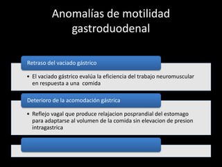 Anomalías de motilidad
gastroduodenal
• El vaciado gástrico evalúa la eficiencia del trabajo neuromuscular
en respuesta a una comida
Retraso del vaciado gástrico
• Reflejo vagal que produce relajacion posprandial del estomago
para adaptarse al volumen de la comida sin elevacion de presion
intragastrica
Deterioro de la acomodación gástrica
 