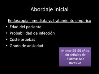 Abordaje inicial
Endoscopia inmediata vs tratamiento empírico
• Edad del paciente
• Probabilidad de infección
• Coste pruebas
• Grado de ansiedad
Menor 45-55 años
sin señales de
alarma: NO
invasivo
 