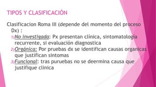 TIPOS Y CLASIFICACIÓN
Clasificacion Roma III (depende del momento del proceso
Dx) :
1)No investigada: Px presentan clínica, sintomatología
recurrente, si evaluación diagnostica
2)Orgánica: Por pruebas dx se identifican causas organicas
que justifican sintomas
3)Funcional: tras puruebas no se deermina causa que
justifique clinica
 